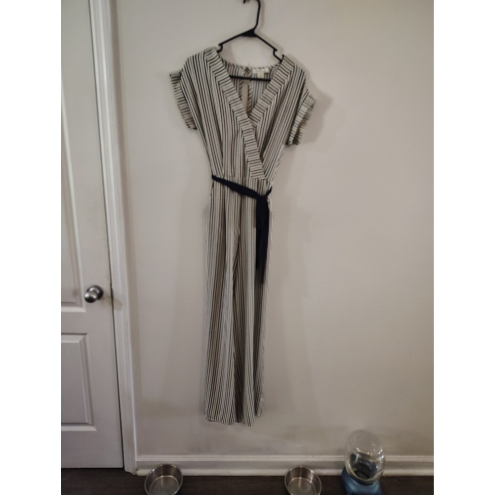 Monteau Los Angeles Striped Wide Leg Jumpsuit Navy White Small Tie Waist Pocket